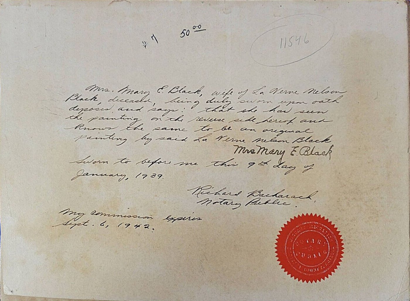 Notarized verso affidavit - handwritten and signed by Mrs. Mary E. Black, January 9, 1939