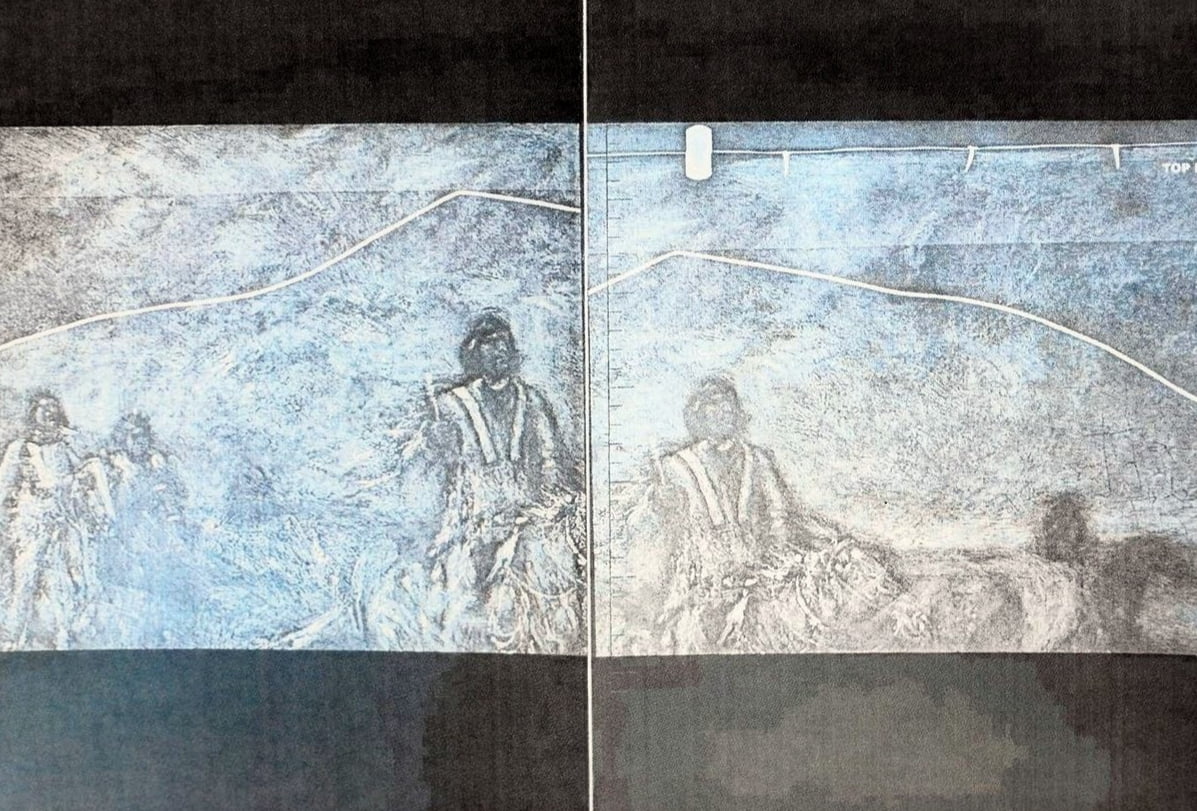 2024 X-ray radiograph of the upper canvas showing underdrawing and ghosted compositional elements